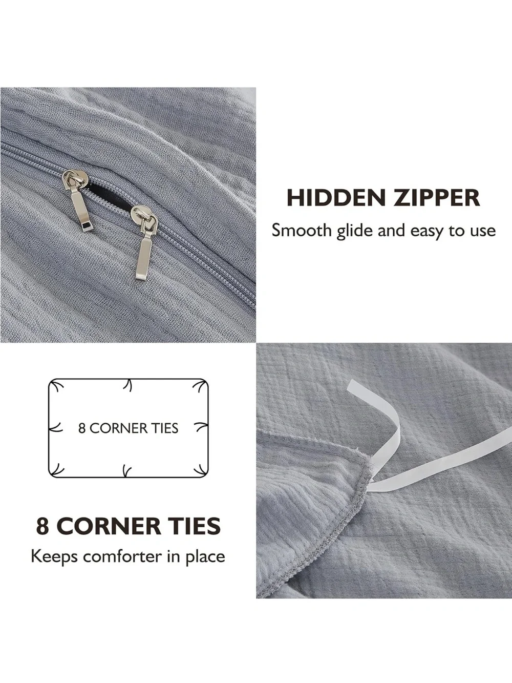 NEW EMME Muslin Cotton Duvet Cover Set Lt Grey. Linen Like Soft Breathable.